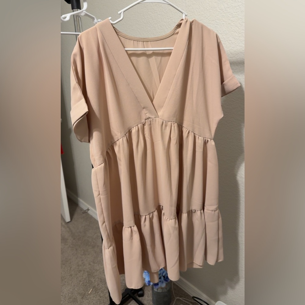 V-Neck Tiered Dress in Beige